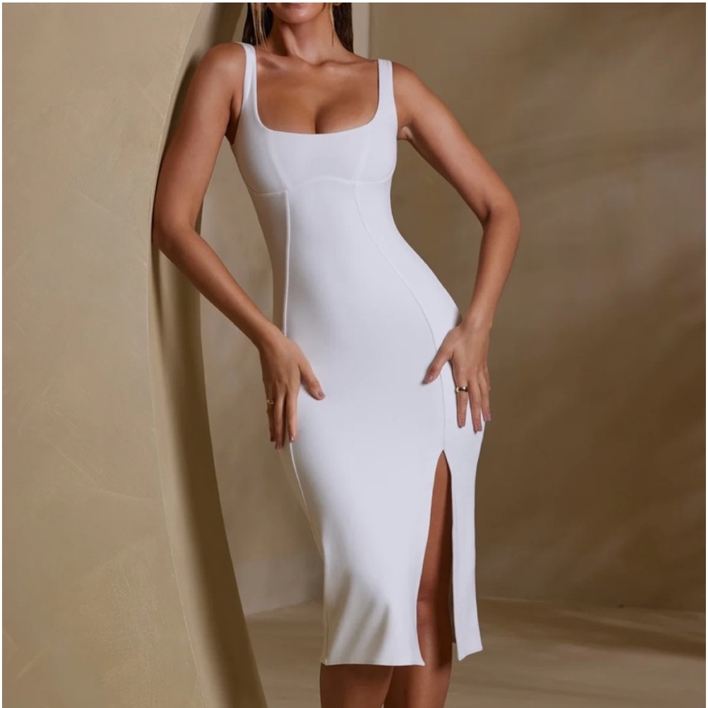 Square Neck Bodycon Midi Dress in White